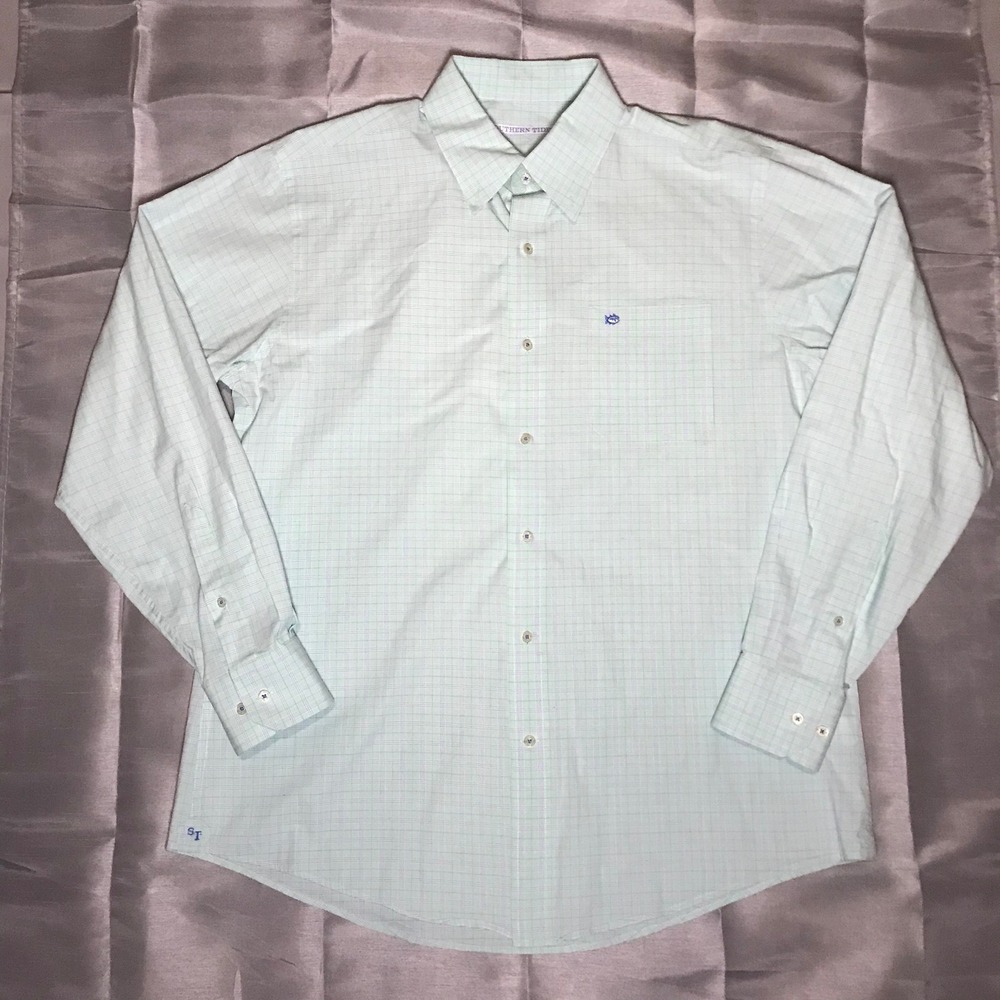 Southern Tide Mens Large Mint Green Purple Plaid Long Sleeve Button Down Shirt - Picture 14 of 15